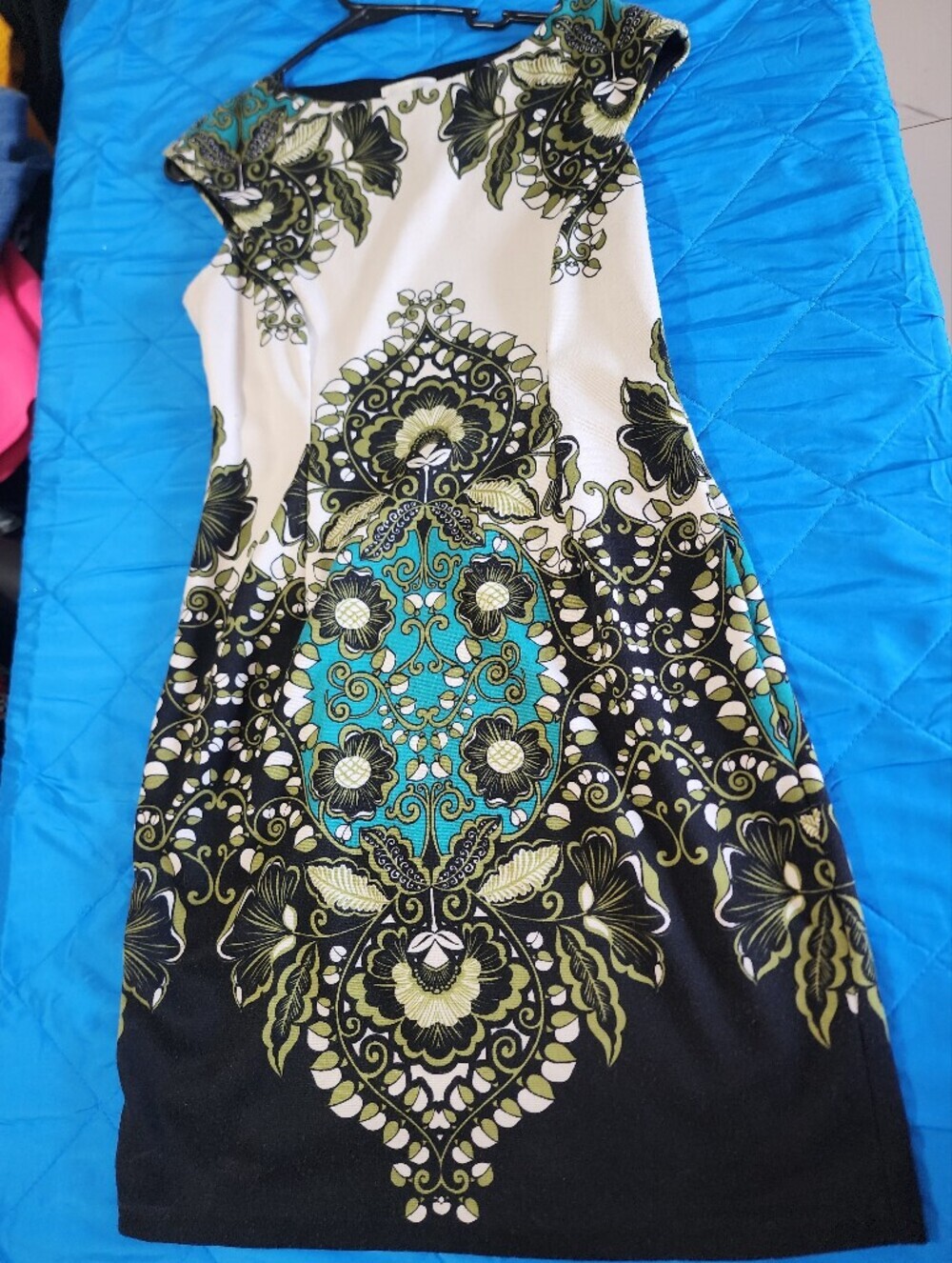 London Times Black, Turquoise & Cream Floral Print Dress